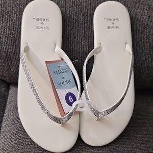 Shade & Shore White Flip Flop Sandals with Silver Rhinestone Straps